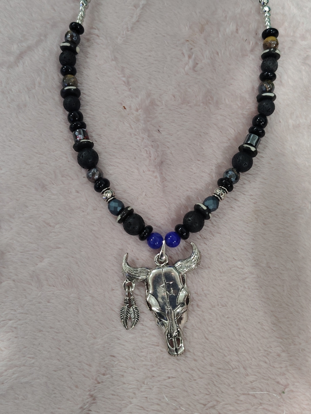 Silver Bull Skull Pendant Necklace with Black and Blue Beads